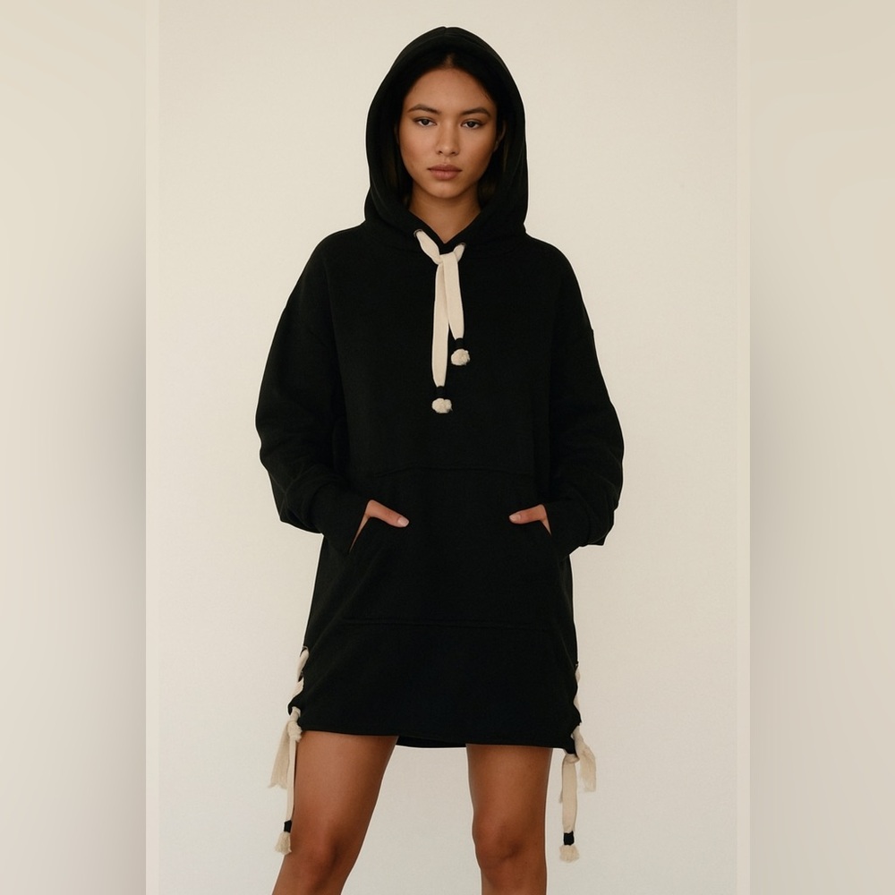 Lush Black Side Hem Tie Hoodie Dress